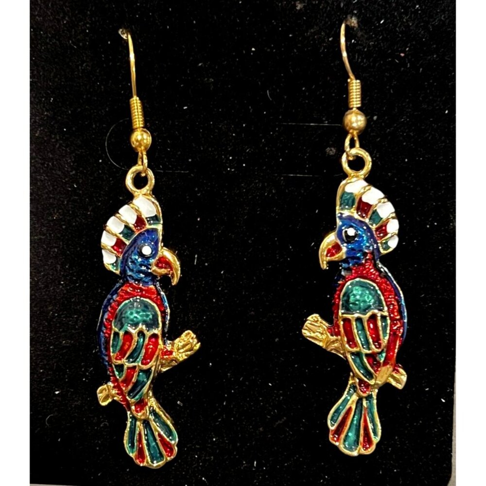 VTG‎ Cloisonne Enamel Earrings Colorful Party Parrot Birds ~ Pierced 1.5"